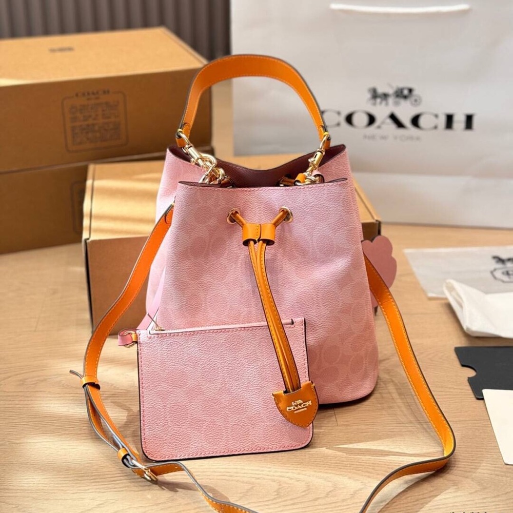 Coach Pink and Tan Signature Drawstring Bucket Bag with Pouch